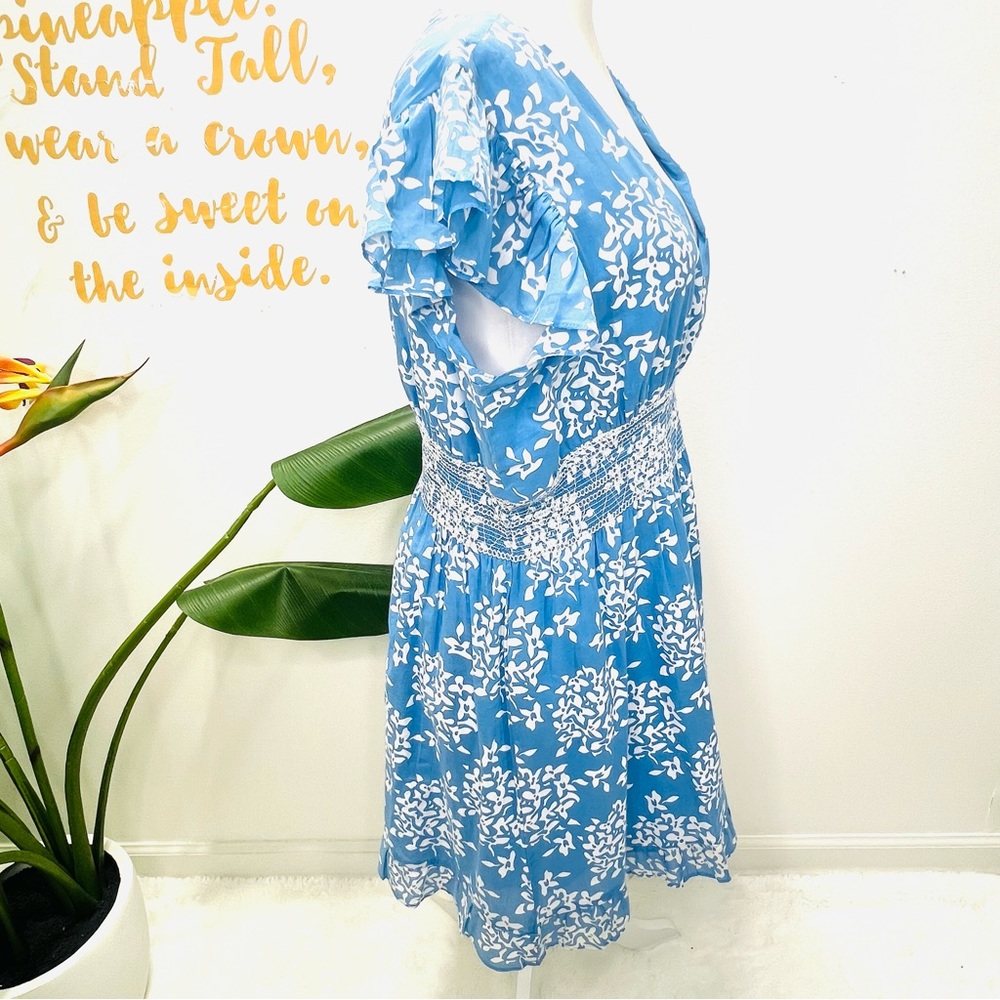 SAIL TO SABLE Blue Floral Flutter Ruffle Sleeve Smock Waist Mini Dress Large - Picture 5 of 13